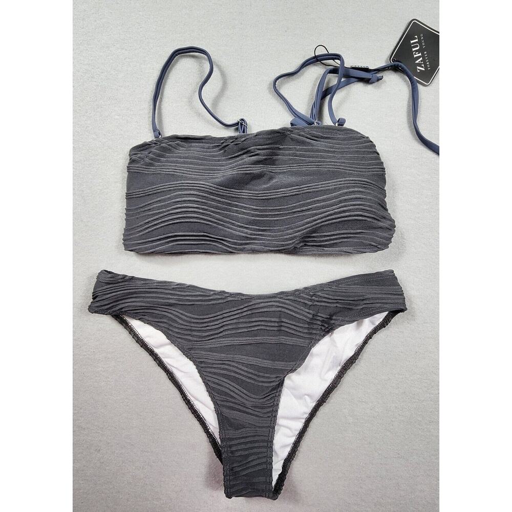 2 Piece Bandeau Swimsuit Ribbed Lace up Bikini High Cut Womens Size Medium Gray